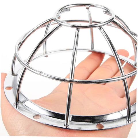 Built Tough Four Piece Fire Sprinkler Head Guards Featuring Hella Secure Tamper Proof Mesh Shields Impact Resistant Sensor Caps For Home Safety And Quick Snap Install Hooks in hand, chrome metal finish.