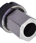 Durable Hex Collet Block Chuck Holder For Precision Machining, Secure Metal Replacement Parts For Milling Machines And Lathes With Stable Black Coated Hex Design, close-up view.