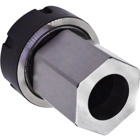 Durable Hex Collet Block Chuck Holder For Precision Machining, Secure Metal Replacement Parts For Milling Machines And Lathes With Stable Black Coated Hex Design, close-up view.