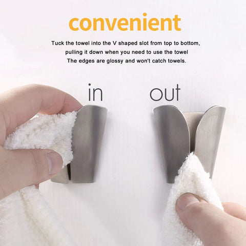 Hands using Stainless Steel V Type Towel Hook With Strong Adhesive No Drill Wall Mount For Kitchen And Bathroom Scratch Resistant Easy Removal Hanger For Towels And Rags with a white towel.