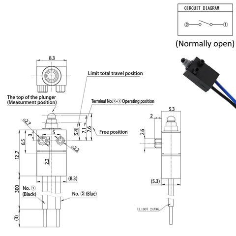 Technical diagram of Built To Last Waterproof Micro Switch 2 Pin Normally Open Limit Switch With 30cm Wire