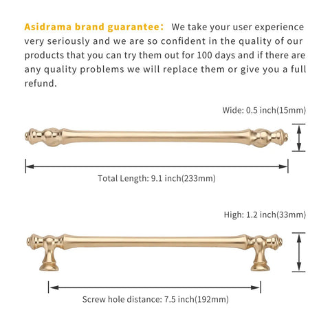 Diagram of 7.5 Inch Brushed Brass Kitchen Cabinet Handles showing dimensions and guarantee details.