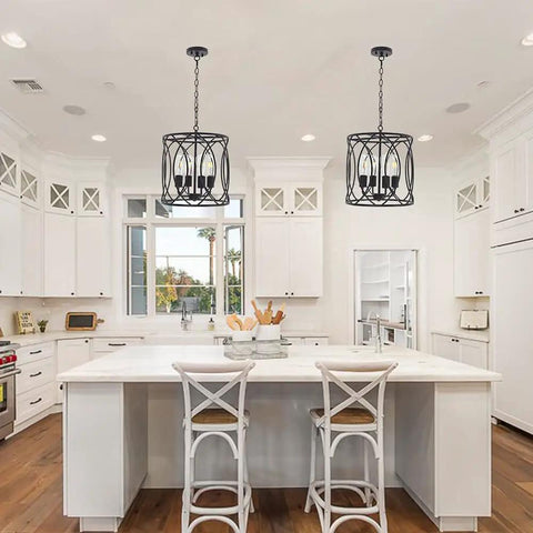 Black Rustic Chandelier Pendant Light Fixture For Dining Room With Four Cage Lights over kitchen island