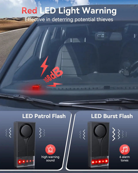 High Sensitivity Car Vibration Alarm With Remote, 108dB Siren And LED Flashing Security Light, vehicle windshield mount