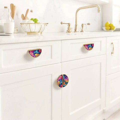 2 Pack Psychedelic Rainbow Fluid Art Cabinet Handles With 3 Inch Center Hole Semicircle Drawer Pulls, Gold Solid Zinc Alloy Hardware