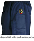 Navy Flame Resistant 9 Oz Cotton Welding Jacket scribe pocket detail with emblem