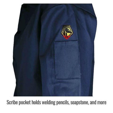 Navy Flame Resistant 9 Oz Cotton Welding Jacket scribe pocket detail with emblem