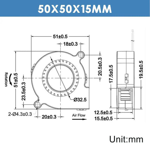 Technical diagram of a 50mmx15mm 5015 Blower Fan 24V for 3D printers with precise measurements and airflow details.