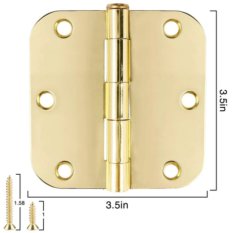 Door Hinges 3.5 Inch Polished Brass, heavy duty steel, 6 hole pattern, reversible pin, includes screws, shown with dimensions