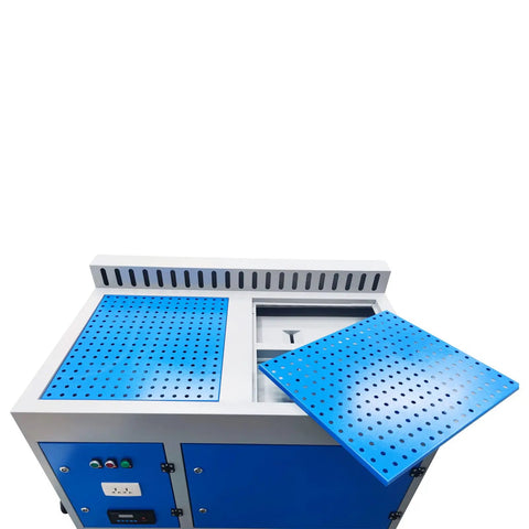 Downdraft Table Dust Collector For Metal Working And Welding Fume Extraction With Multi Stage Purification, top view showing blue panels