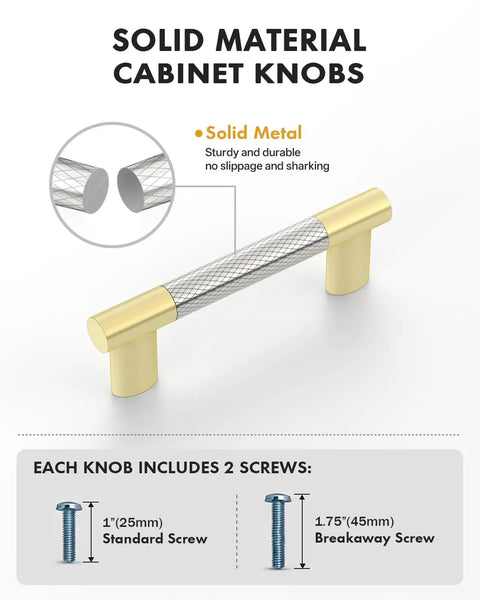 Beefy 6.3 Inch Cabinet Pulls Set Of 10 Gold And Nickel Knurled Brushed Finish with screws shown.
