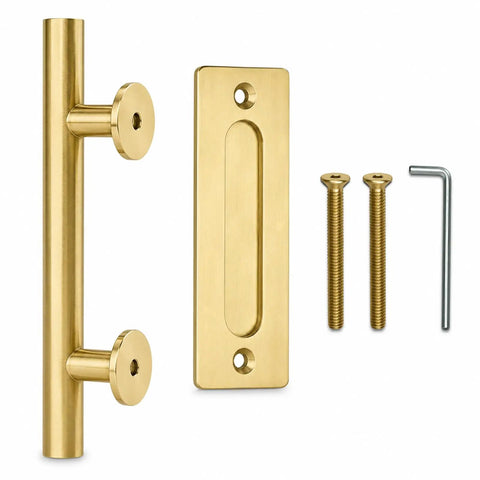 11.5 Inch Barn Door Handle Set With Dual Action Exterior Grip And Two Sided Interior Pull, Heavy Duty Steel Construction In Brushed Brass Gold Finish, Sliding Door Hardware Kit For Wood Doors And Closets, with screws and hex key