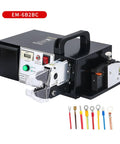 Heavy Duty Electric Terminal Crimping Machine With Seven Replaceable Dies For Automatic Stripping And Cutting Wire Press Clamp Tools 0.25 To 35mm2 Professional Grade Power Tool showing controls and wire types.