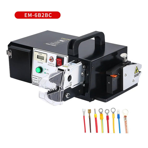 Heavy Duty Electric Terminal Crimping Machine With Seven Replaceable Dies For Automatic Stripping And Cutting Wire Press Clamp Tools 0.25 To 35mm2 Professional Grade Power Tool showing controls and wire types.