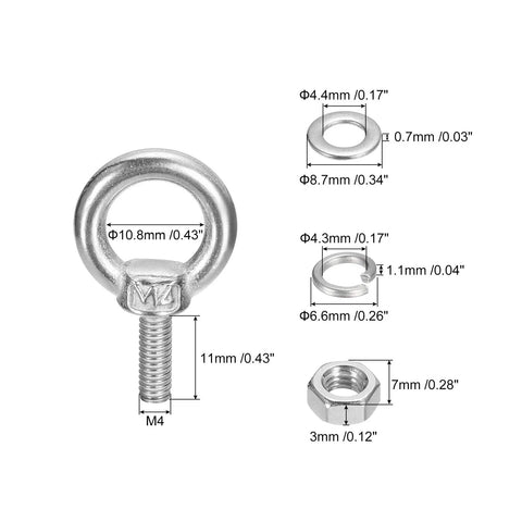 Beefy Stainless Steel Lifting Eye Bolt Set M4x11mm With Nuts And Washers For Hanging Items 4 Pack 304 Shoulder Ring Eye Bolts Rigging Hardware Kit Included, dimensions shown