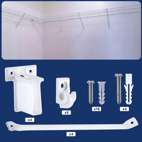 Heavy Duty Wire Shelf Support Brackets Kit For Closets Featuring Solid Metal Bars Wire Shelving Clips Corner Mounts And Screws showing components and wall clips.
