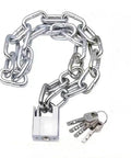 Beefy Heavy Duty Case Hardened Security Chain Lock for Bikes and Motorcycles with padlock and keys on white background