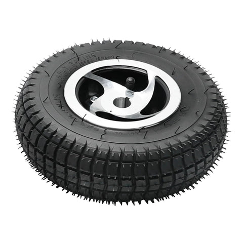 Wheel with knobby tire and silver alloy hub, angled front view