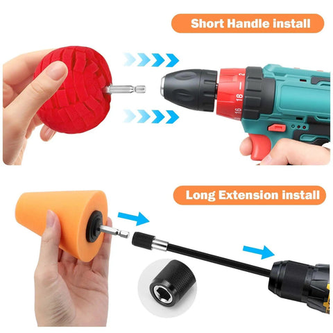 Six Piece Car Wheel Polishing Kit with Foam Cones and Balls, hex extension installation for short and long handles shown