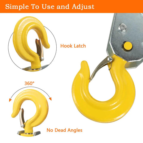 1 Ton Heavy Duty Pulley Hook Block Hoist With Hook For Five Eighth Inch Wire Rope Snatch Block Beefy Dual Bearing Roller System 66mm Wheel Diameter Handles Up To 16mm Rope Supports 2204 Lb Lifting, yellow steel hook latch, 360° swivel