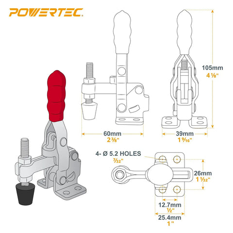 Heavy Duty 4 Pack Vertical Toggle Clamps With Slick Quick Release Design, Dang Sturdy 200 Lb Hold, Antislip Rubber Pads For Woodworking Jigs Fixture Build And Shop Projects, detailed diagram with dimensions.