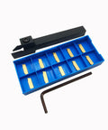 Three Eighths Inch Grooving Tool Holder Set With MGMN150 Inserts MGEHR1010 1.5 in blue case and L3 wrench for steel cutting.