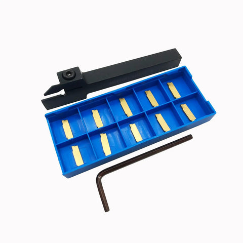 Three Eighths Inch Grooving Tool Holder Set With MGMN150 Inserts MGEHR1010 1.5 in blue case and L3 wrench for steel cutting.