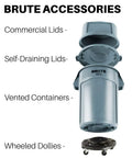 Image of BRUTE accessories showing Heavy Duty 32 Gallon Trash Can Dome Lid With Self Draining Channels Gray Snap Lock Secure Fit.