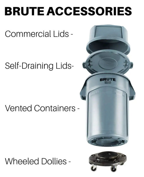 Image of BRUTE accessories showing Heavy Duty 32 Gallon Trash Can Dome Lid With Self Draining Channels Gray Snap Lock Secure Fit.