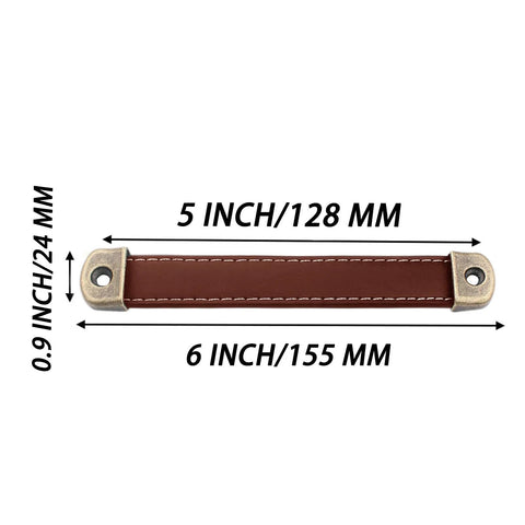 Brown Box Leather Handles 6 Pack for Furniture Cabinets and Drawers Vintage Antique Style Pulls With Screws 6 Inch Total Length