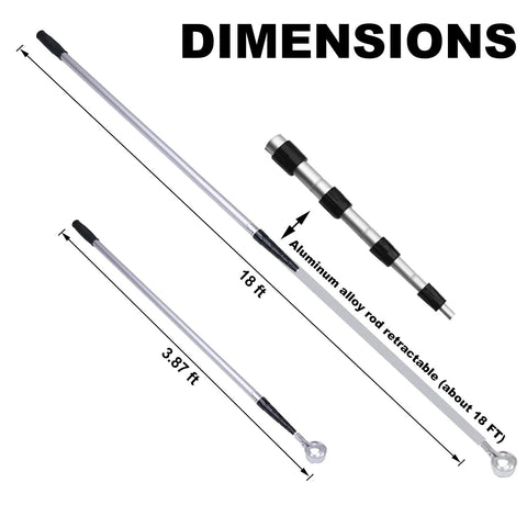 Dimensions illustration of 18 Foot Telescopic Golf Ball Retriever With Lightweight Aluminum Shaft Stainless Cup And Locking Hinged Design.