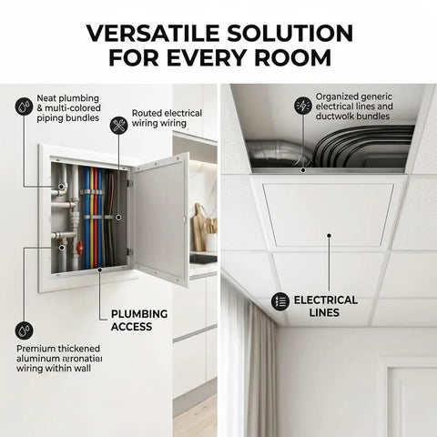 Heavy Duty Aluminum Access Panel For Drywall And Ceiling, Large Attic Access Door For Hvac Plumbing, Self Adhesive Flush Mount Wall Cover With Magnetic Latch, White 12x18 Inch; showing plumbing access and organized wires.