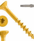 Heavy Duty 300 Count Exterior Deck Screws 8 By 1.25 Inches Featuring Bright Yellow Ceramic Coating and T25 Torx Bit.