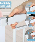 Close-up of hand operating lock on Adjustable 29.5 To 53 Inch Wide Baby Gate For Doors And Stairs, 30 Inch Tall, Pressure Mounted, Auto Close Safety Gate For Pets And Kids, Extra Wide White