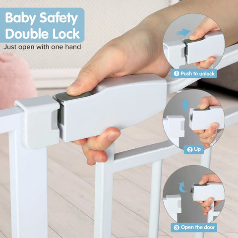 Close-up of hand operating lock on Adjustable 29.5 To 53 Inch Wide Baby Gate For Doors And Stairs, 30 Inch Tall, Pressure Mounted, Auto Close Safety Gate For Pets And Kids, Extra Wide White