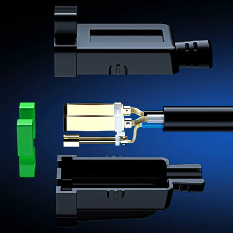Exploded view of 2 Pack 10 Ft Black Extension Cords With Bright Green Indicators, Heavy Duty 16 AWG, 3 Prong Grounded, ETL Listed