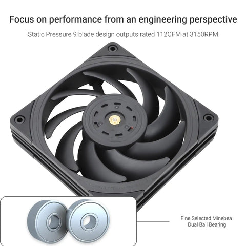 TL-B12 Extrem 120mm CPU Fan Cooler With 3150RPM High Speed PWM, showing 9 blade design, Minebea dual ball bearing inset