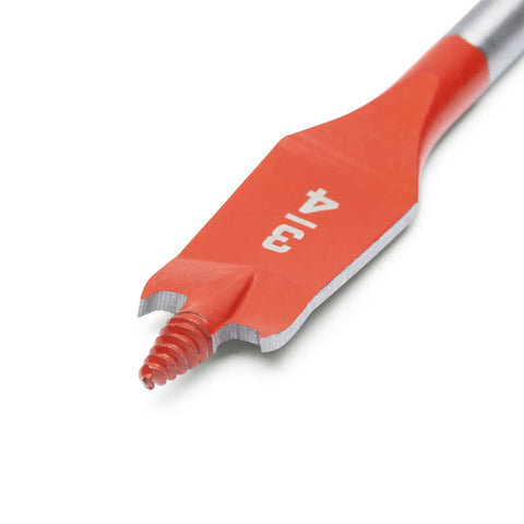 Close-up of Speed Striker Screw Point Spade Drill Bit 4 Inch By Three Quarter Inch Fast Drilling With Contoured Paddle For Easy Chip Removal