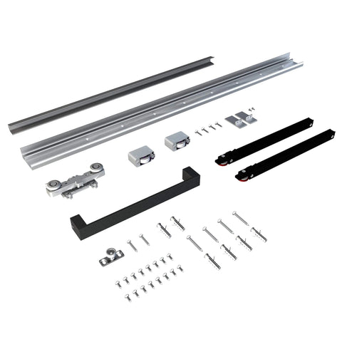 Concealed Sliding Barn Door With Slick Soft Close Hardware Kit Black Hidden Door For Interior Use hardware components layout view