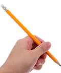 Hand holding HB Carpenter Pencil from 10 Pack Yellow Wood Graphite Marking Pencils With White Erasers for multi-use applications.