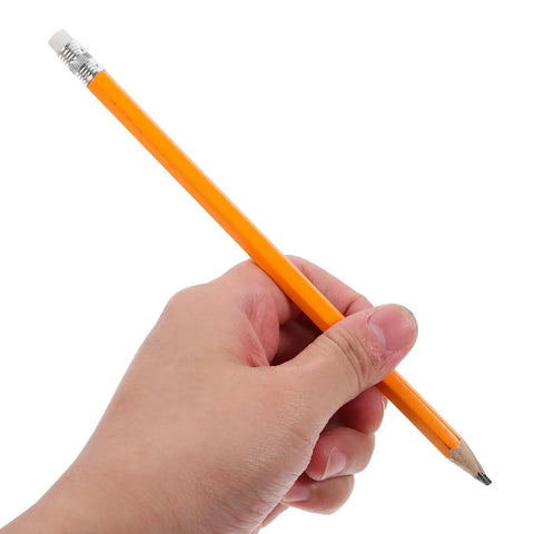 Hand holding HB Carpenter Pencil from 10 Pack Yellow Wood Graphite Marking Pencils With White Erasers for multi-use applications.