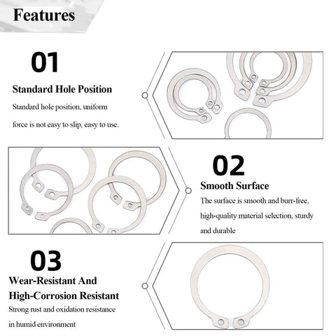 Features of Heavy Duty Stainless Steel Circlips Set 20 External Retaining Rings 52mm To 60mm, smooth surface and corrosion resistance.