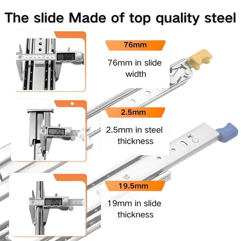 Heavy Duty Drawer Slides 500Lb Capacity With Screws Full Extension Ball Bearing Side Mount Rails, steel dimensions shown
