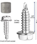 Number 14 Three Quarter Inch Serrated Hex Washer Head Self Drilling Tek Screws Zinc Plated Metal Fasteners With Sharp Drill Point For Garage Door Hinges And Roofing In A 25 Piece Pack, detailed view with measurements.
