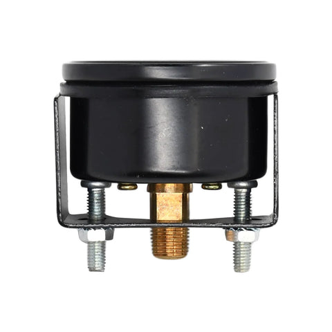 Rear view of oil pressure gauge with black housing, copper port, and mounting bracket.