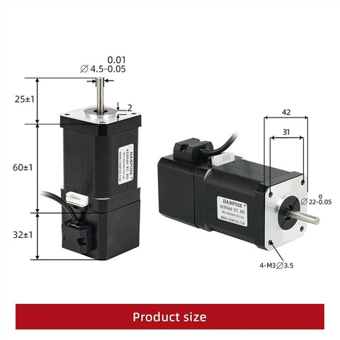 Front and side views of two black Hanpose 42HS60-YC-PD NEMA17 brake stepper motors, 70 Ncm torque.