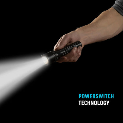 Hand holding PowerSwitch Dual Color LED Flashlight With Rechargeable Battery And Dual Power Sources for quick light switching
