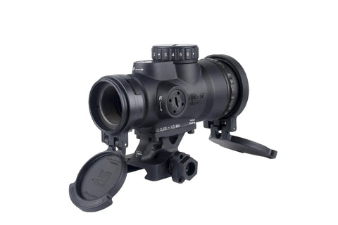 Side view of Fast Target Acquisition Red Dot Sight 1x25 with 2 MOA Dot and Adjustable LED Includes Full Co Witness Quick Release Mount.