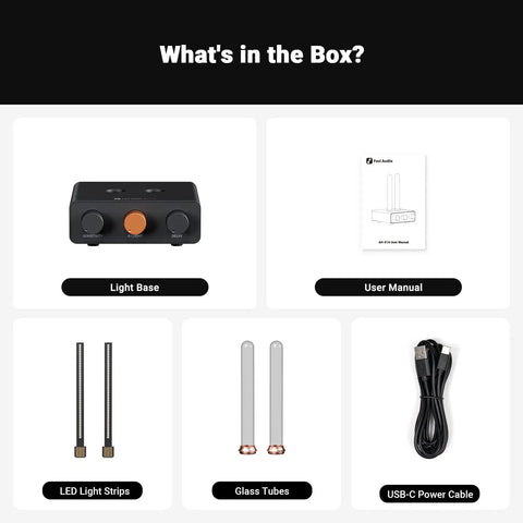 Music Visualizer With Spectrum Analyzer And Vintage Tube RGB Ambient Light For Desktop Home Stereo System Microphone Voice Pickup And Volume Display Adjustable Sensitivity For A Party Vibe And Immersive Audio Visual Experience components: light base, LED strips, glass tubes, USB-C cable, manual
