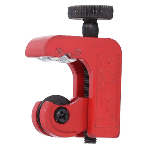 Compact Mini Tubing Cutter Tool, All Steel Alloy Build, Cuts Soft Copper, Brass, And Aluminum 3 Through 22mm, side view close-up